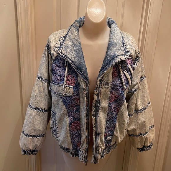 Vintage Acid Wash Denim Tie Dye Lace Quilted Puffer Stand Collar Jacket - Picture 2 of 12